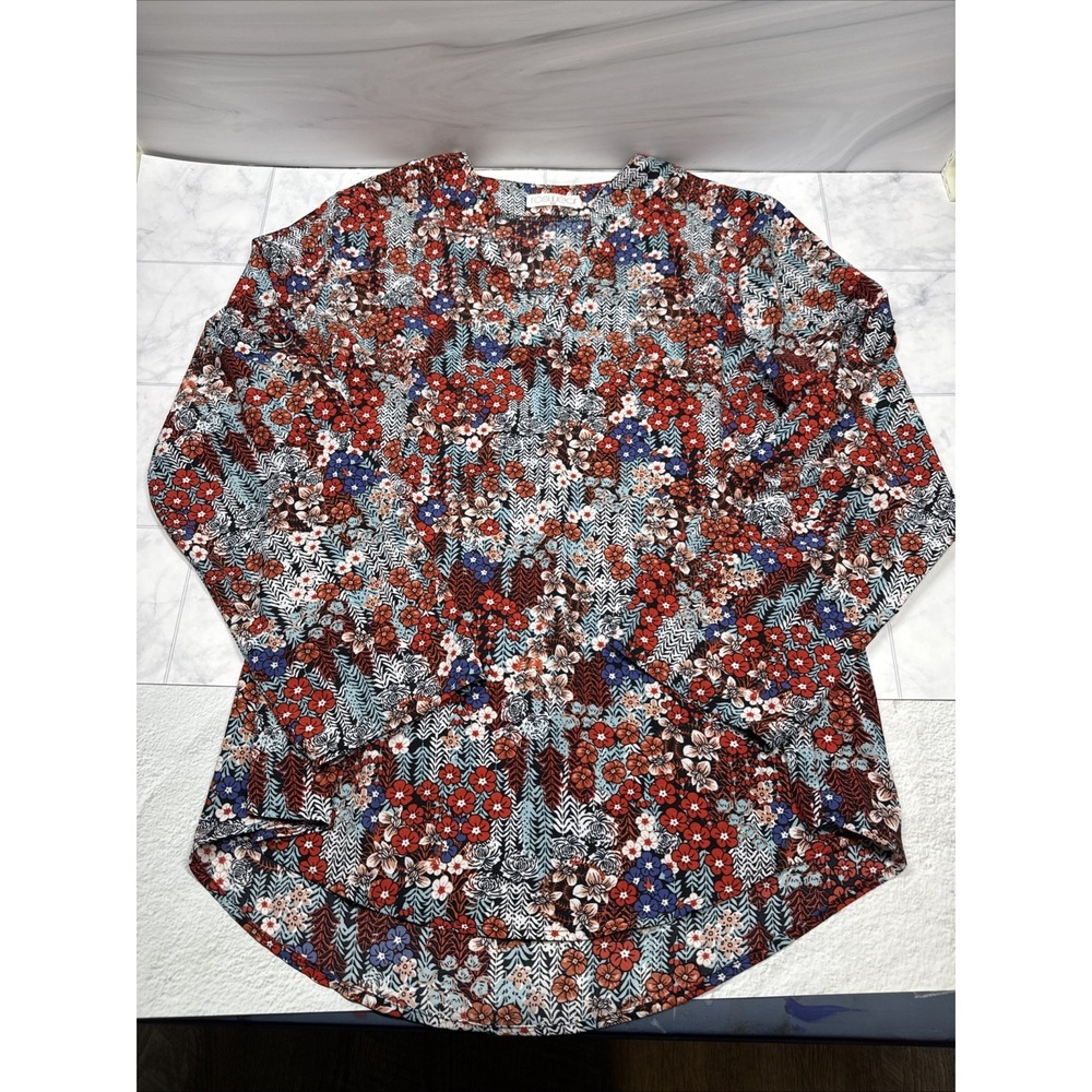 Roswear Women's Floral Long Sleeve V-neck Blouse Red and Blue XXL EUC